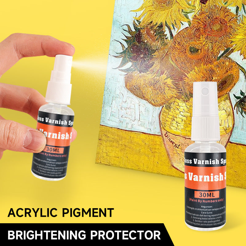 Bottle of acrylic pigment brightening protector with a painting in the background