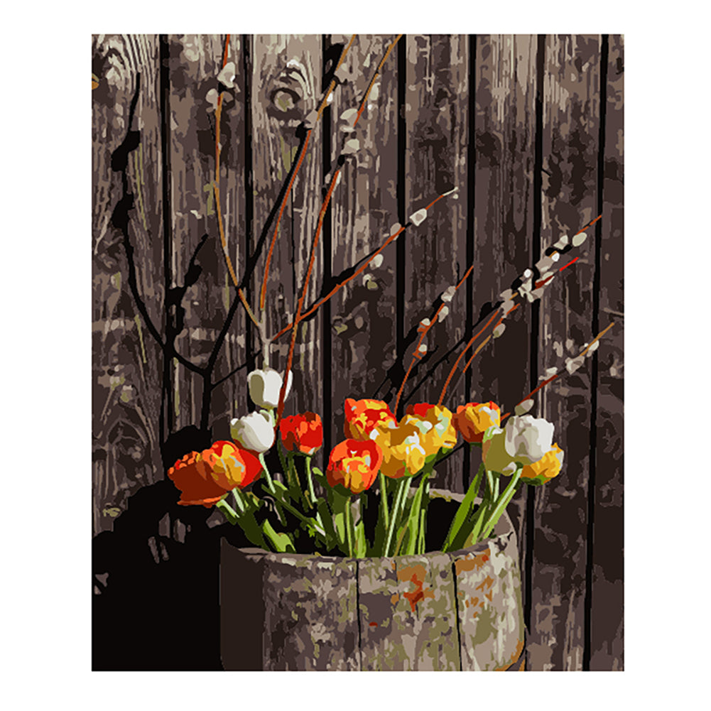 Tulips in a Rustic Barrel - 40x50 cm paint by numbers kit