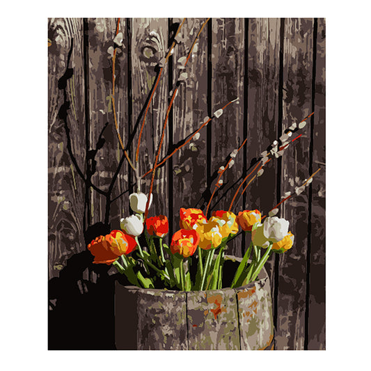 Tulips in a Rustic Barrel - 40x50 cm paint by numbers kit
