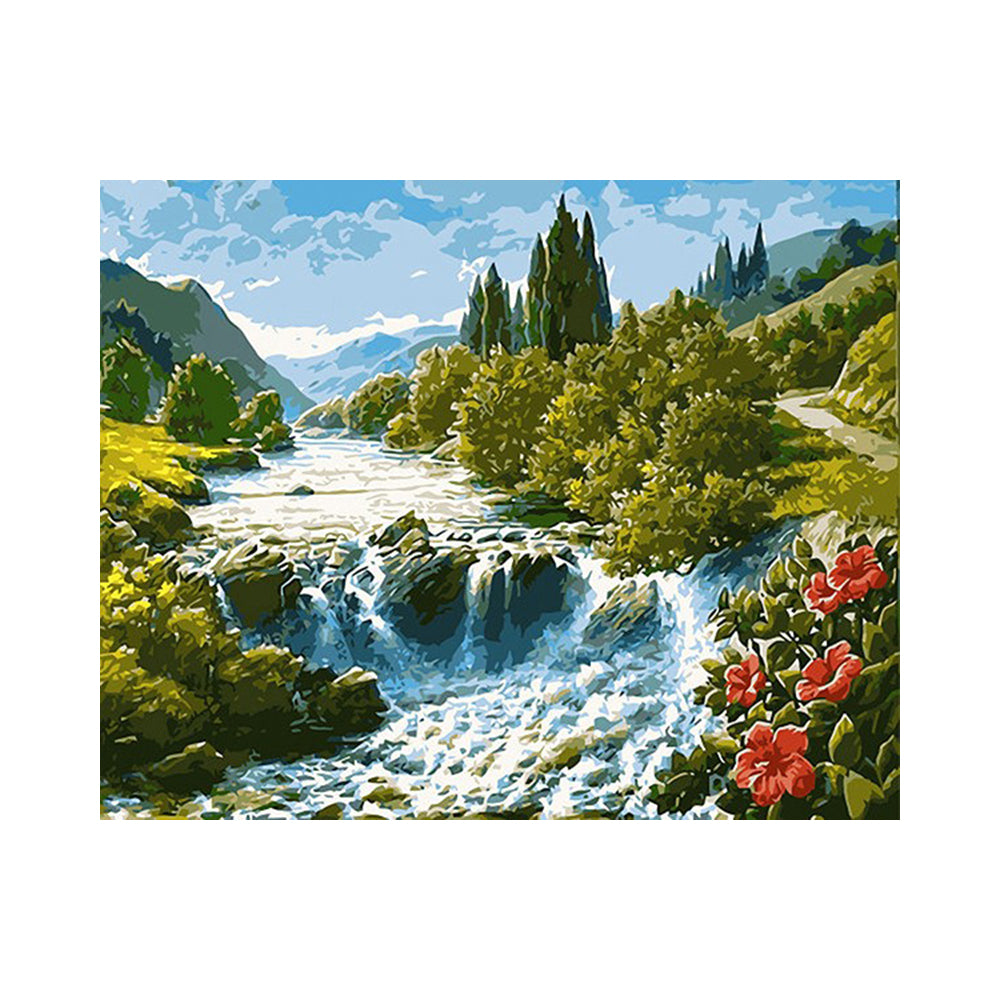 Mountain Stream with Red Flowers - 40x50 cm paint by numbers kit