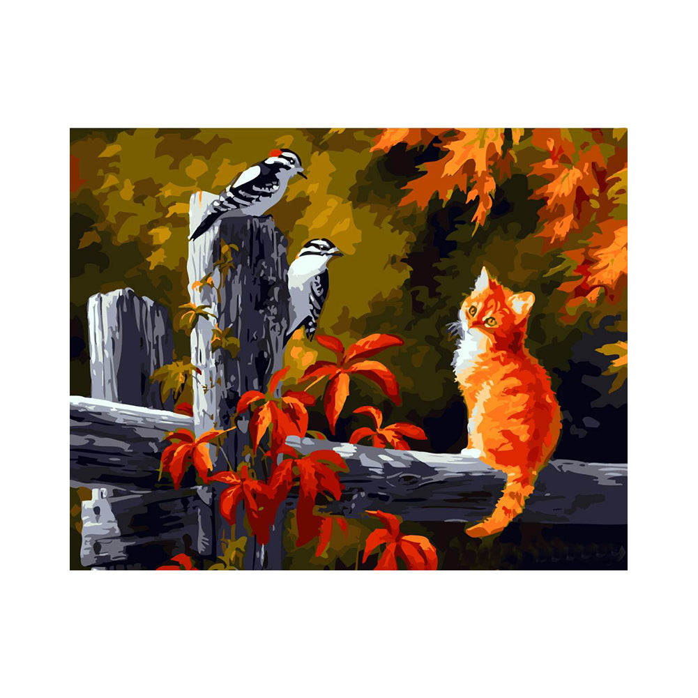 Curious Cat and Woodpeckers - 40x50 cm paint by numbers kit
