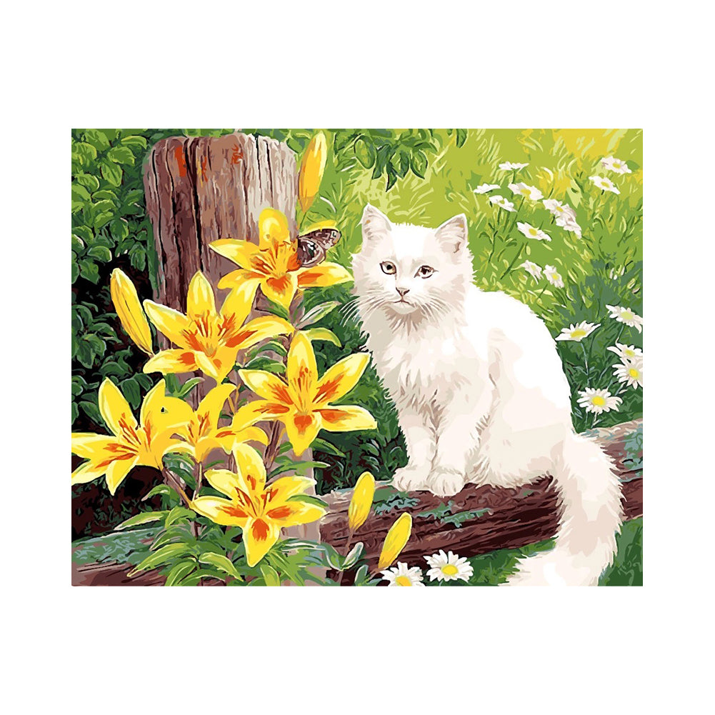 White Cat Among Golden Lilies - 40x50 cm paint by numbers kit