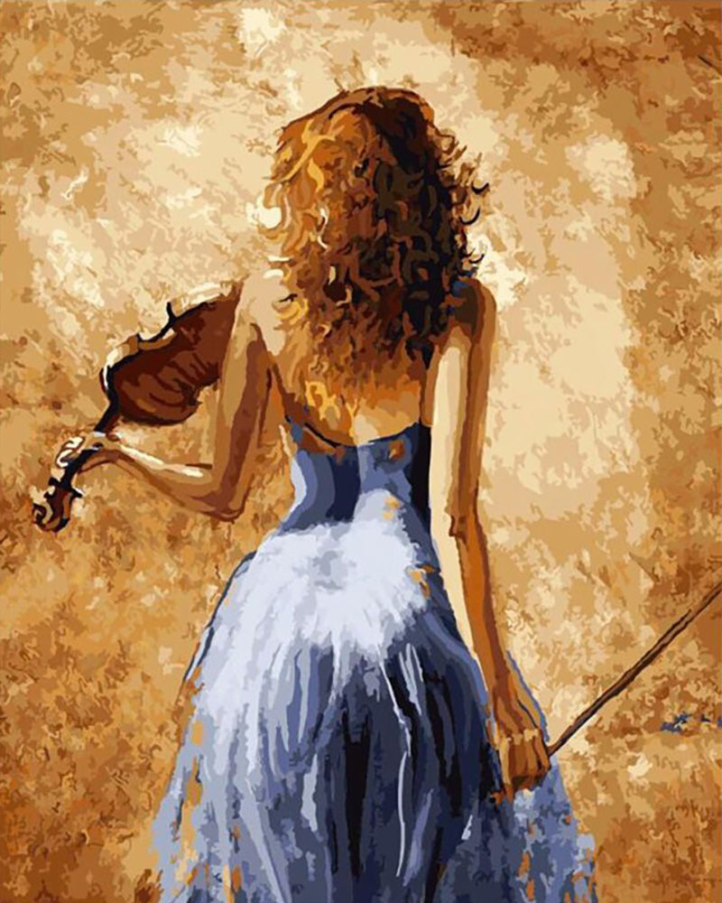 Artistic depiction of a woman playing a violin against a textured brown background