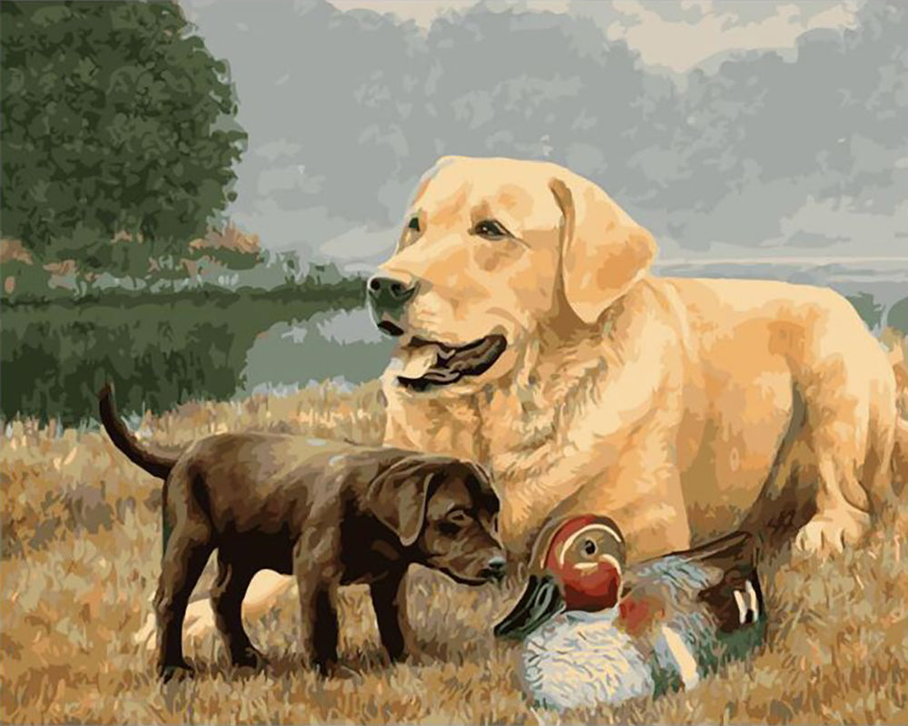 Golden Retriever with Puppy and Duck - 40x50 cm paint by numbers kit