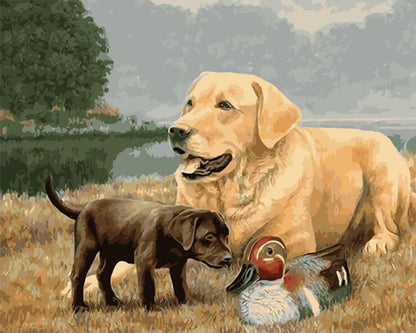 Golden Retriever with Puppy and Duck - 40x50 cm paint by numbers kit