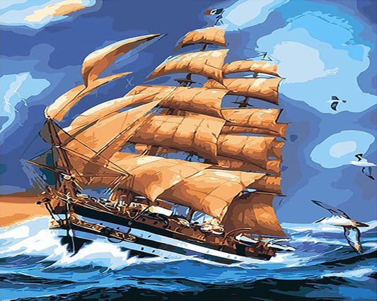 Sailing ship with multiple sails on a blue ocean background