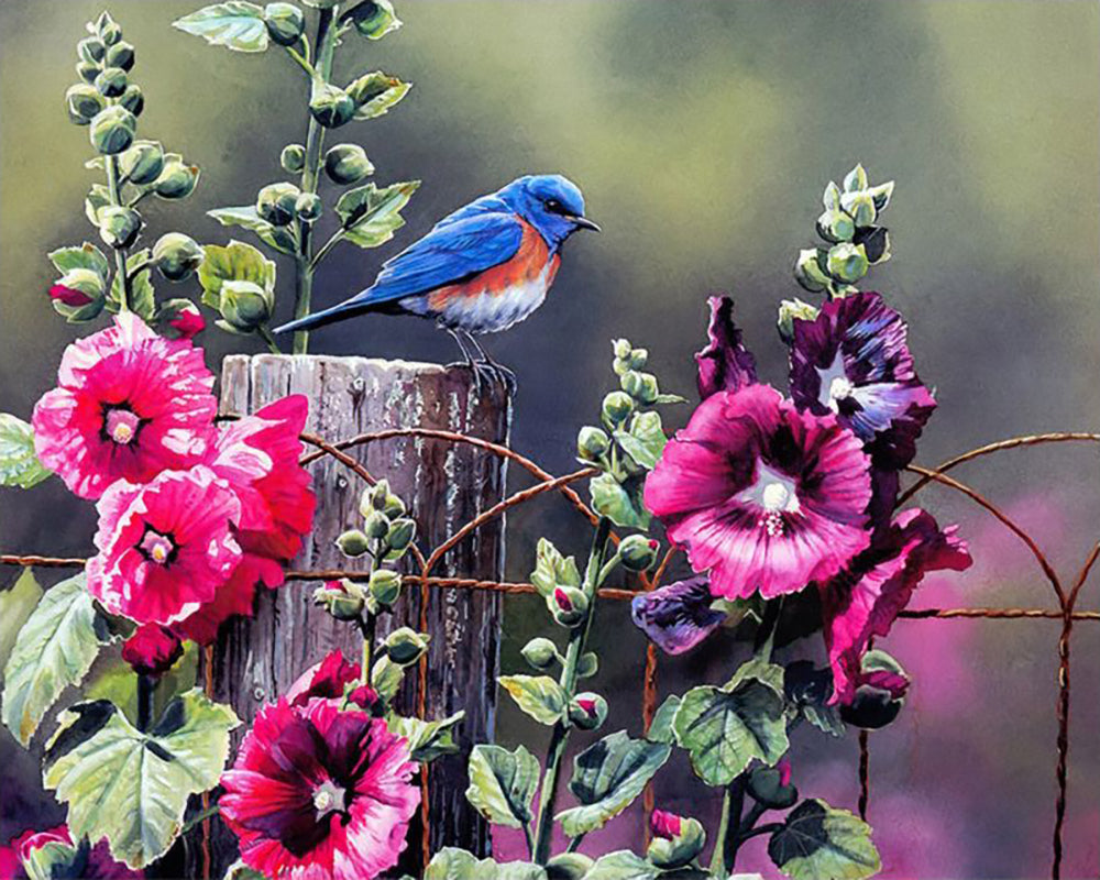 Bluebird Among Hollyhocks - 40x50 cm paint by numbers kit