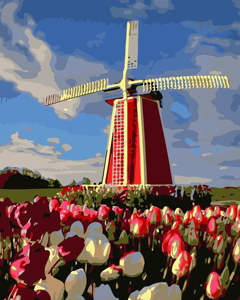 Red Windmill Tulip Field - 40x50 cm paint by numbers kit
