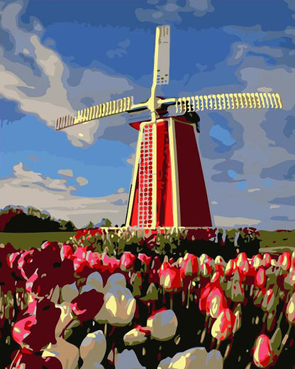 Red Windmill Tulip Field - 40x50 cm paint by numbers kit