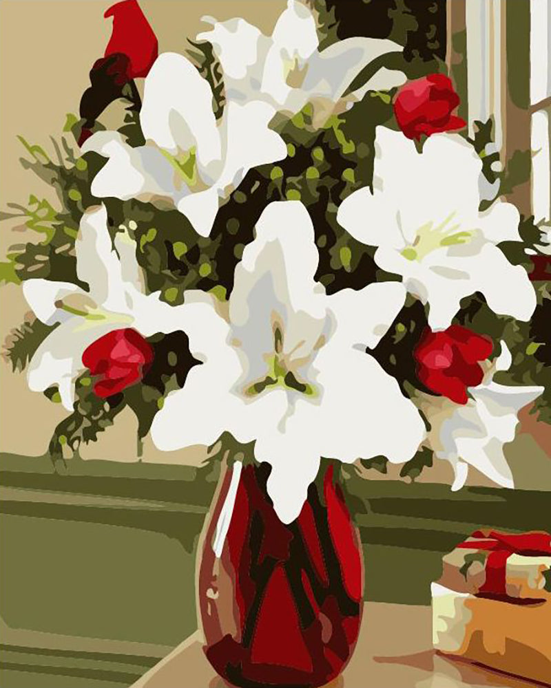 White Lilies in Red Vase - 40x50 cm paint by numbers kit