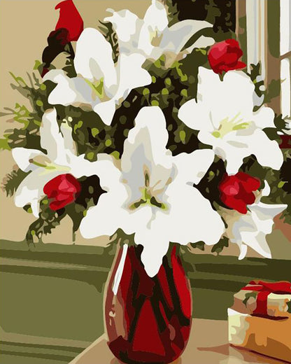 White Lilies in Red Vase - 40x50 cm paint by numbers kit