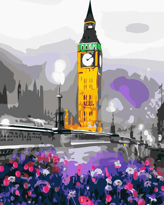 Colorful illustration of Big Ben with a bridge and flowers in the foreground