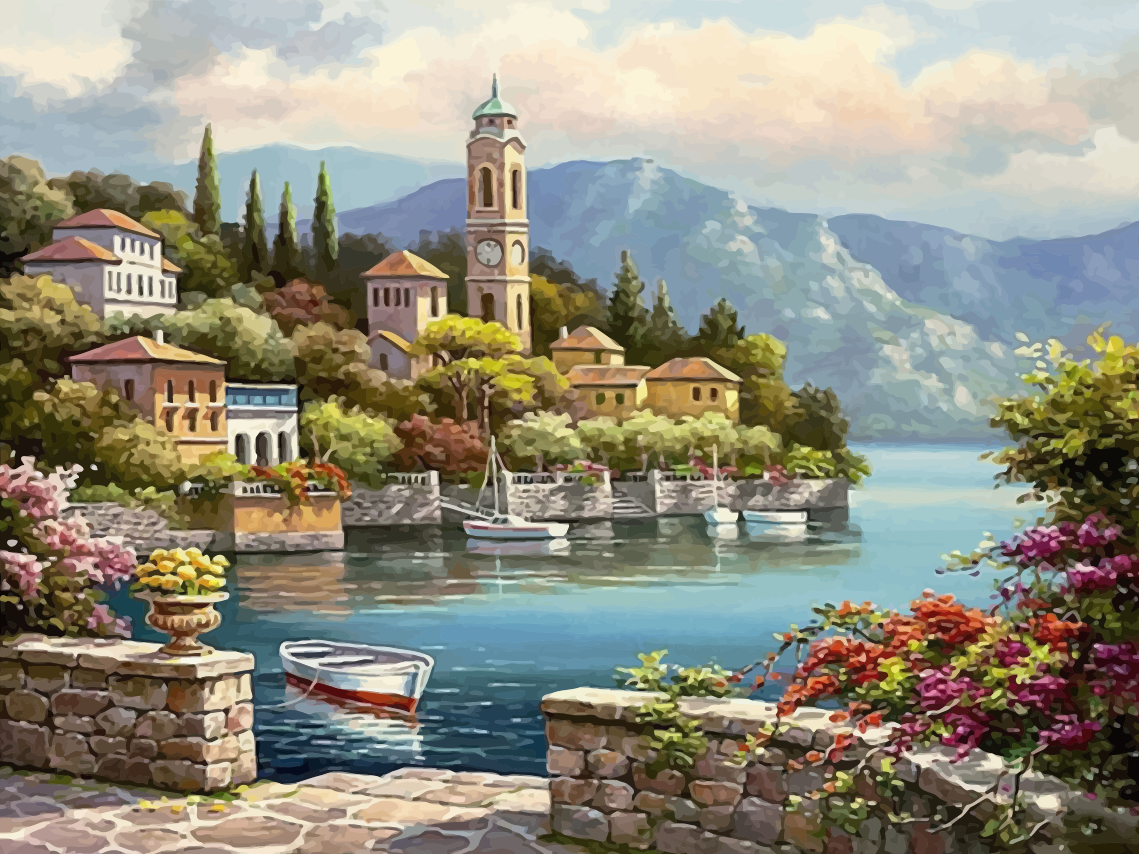 Lakeside Village in Bloom - 40x50 cm paint by numbers kit