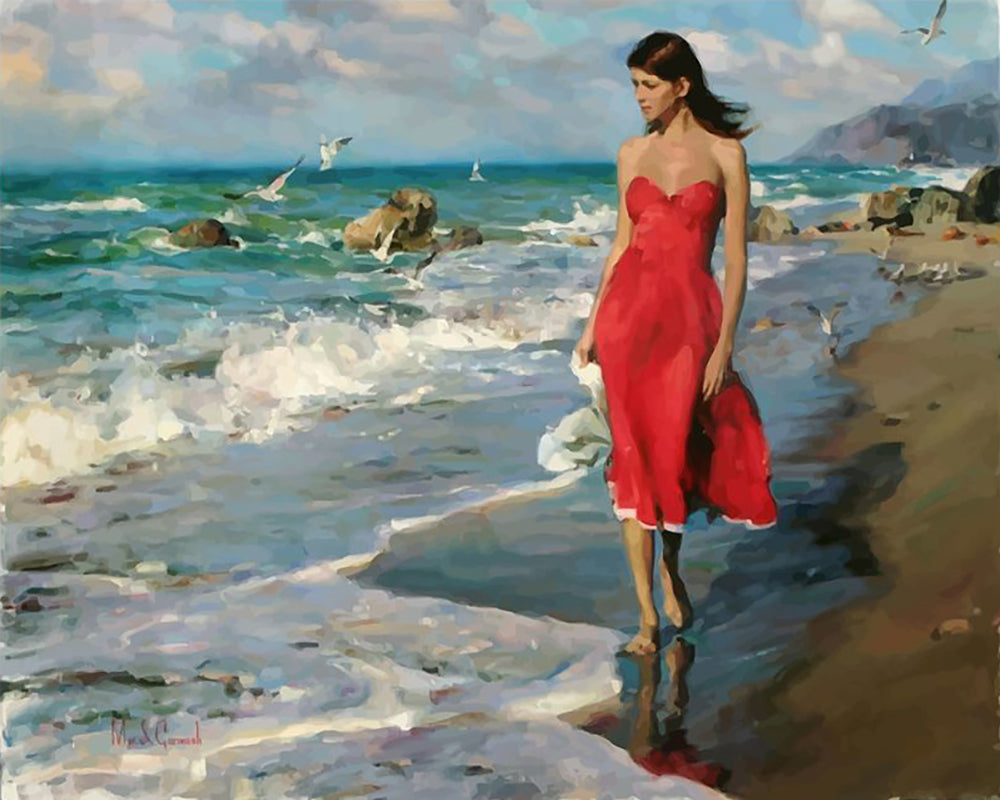 Woman in Red by the Sea - 40x50 cm paint by numbers kit