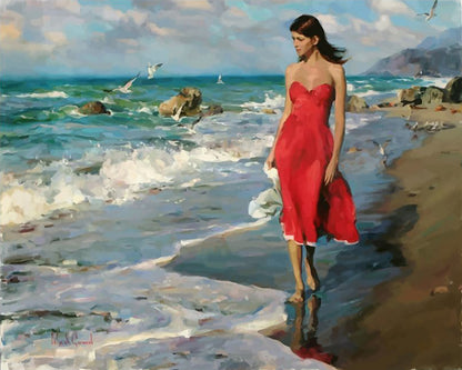 Woman in Red by the Sea - 40x50 cm paint by numbers kit