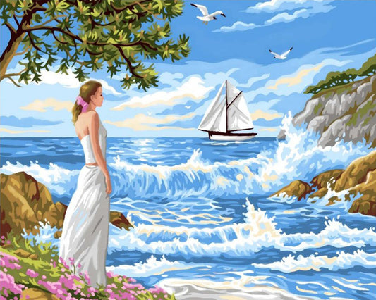 Woman By Ocean Waves - 40x50 cm