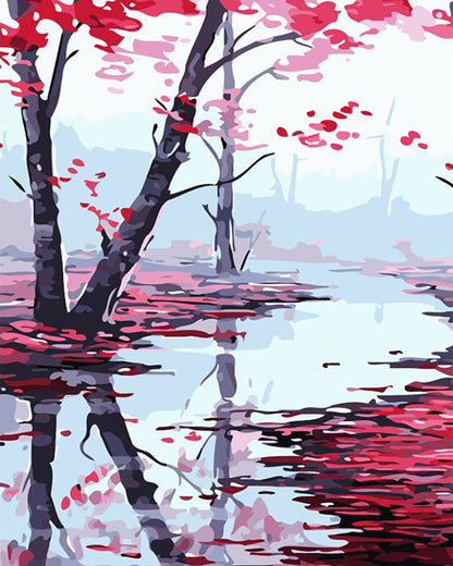 Crimson Lakeside Trees - 40x50 cm paint by numbers kit