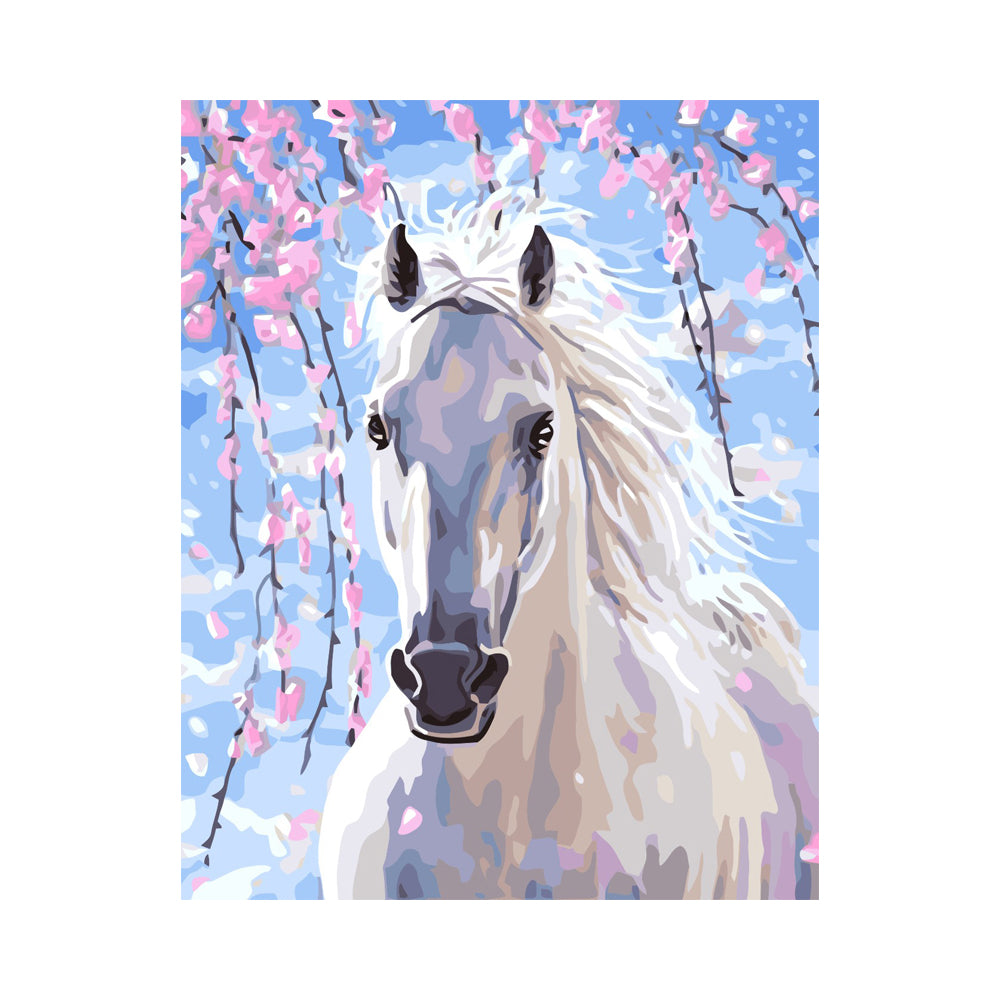White Horse in Spring Blossoms - 40x50 cm paint by numbers kit