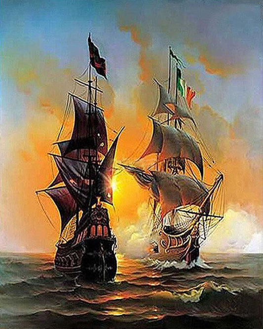 Two sailing ships on a sunset sea with colorful skies