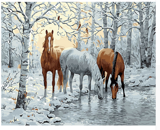 Horses in the Winter Stream - 40x50 cm paint by numbers kit