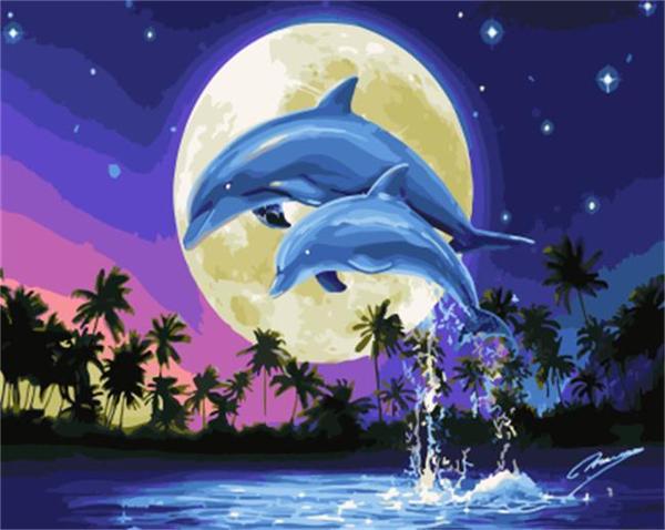 Dolphins Under the Full Moon - 40x50 cm paint by numbers kit