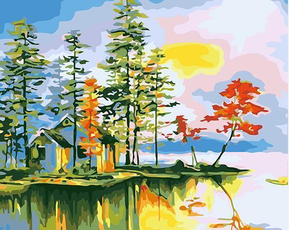 Autumn Lakeside Cabin - 40x50 cm paint by numbers kit