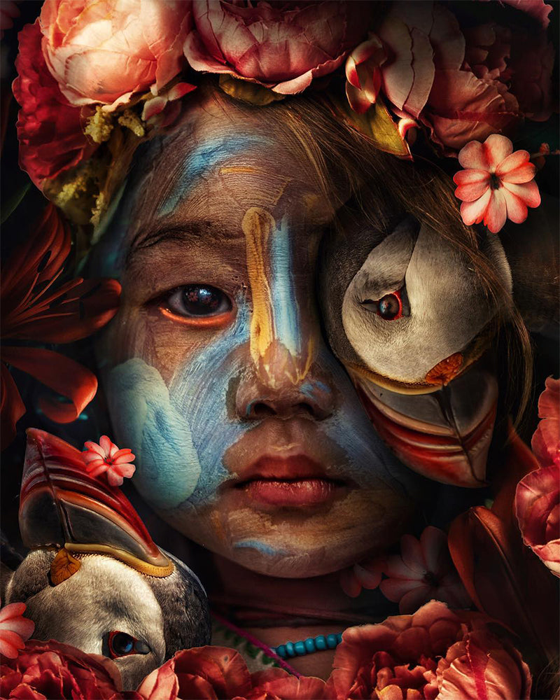 Floral Child and Puffins - 40x50 cm paint by numbers kit