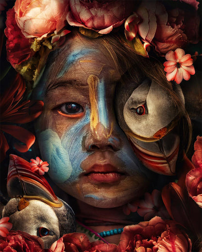 Floral Child and Puffins - 40x50 cm paint by numbers kit