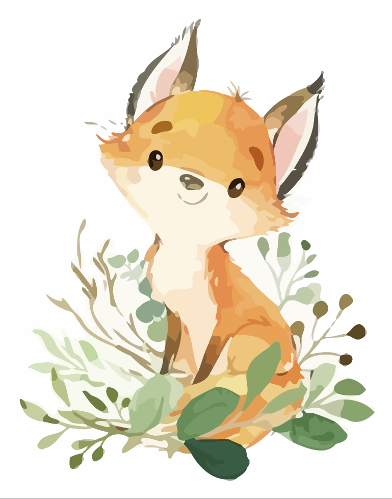 Illustration of a fox surrounded by green leaves on a white background
