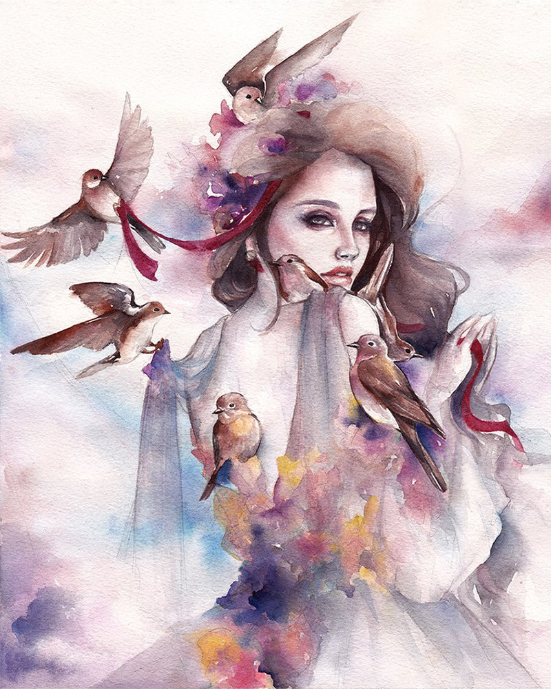 Watercolor Woman With Birds - 40x50 cm