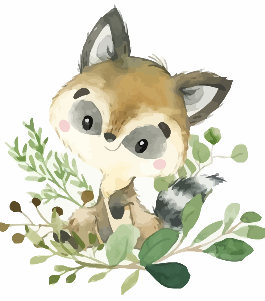 Illustration of a cute raccoon surrounded by green leaves on a white background