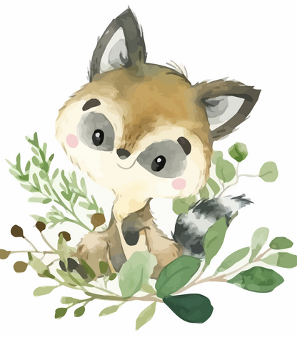 Illustration of a cute raccoon surrounded by green leaves on a white background