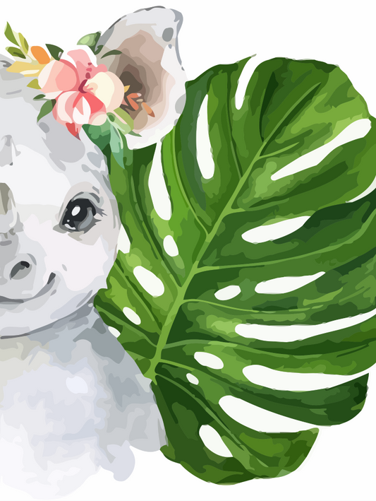 Cartoon character with a flower headband and large green leaf on a white background