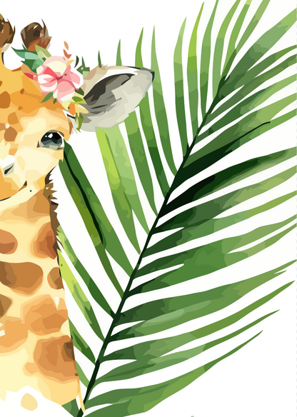 Illustration of a giraffe with a floral headband and palm leaves on a white background