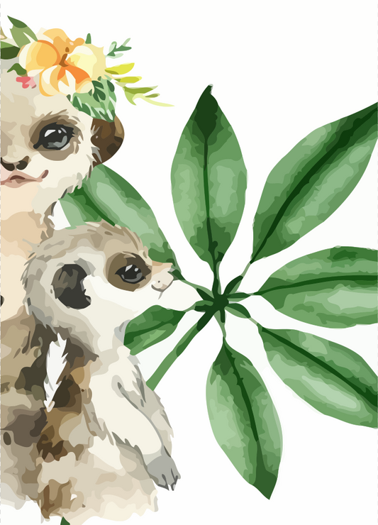Illustration of two meerkats with green leaves and flowers on a white background