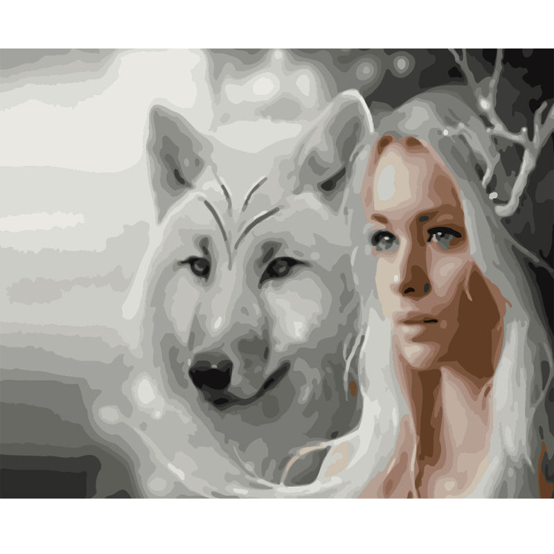 Woman with White Wolf - 40x50 cm paint by numbers kit