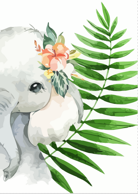 Illustration of a baby elephant with flowers and leaves on a white background