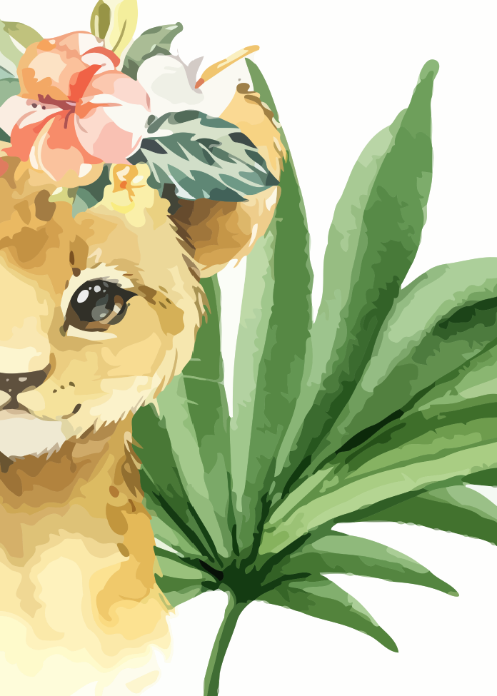 Illustration of a lioness with floral headband and plant leaves