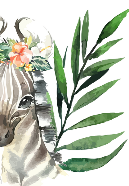 Zebra with floral headband and green leaves on a white background