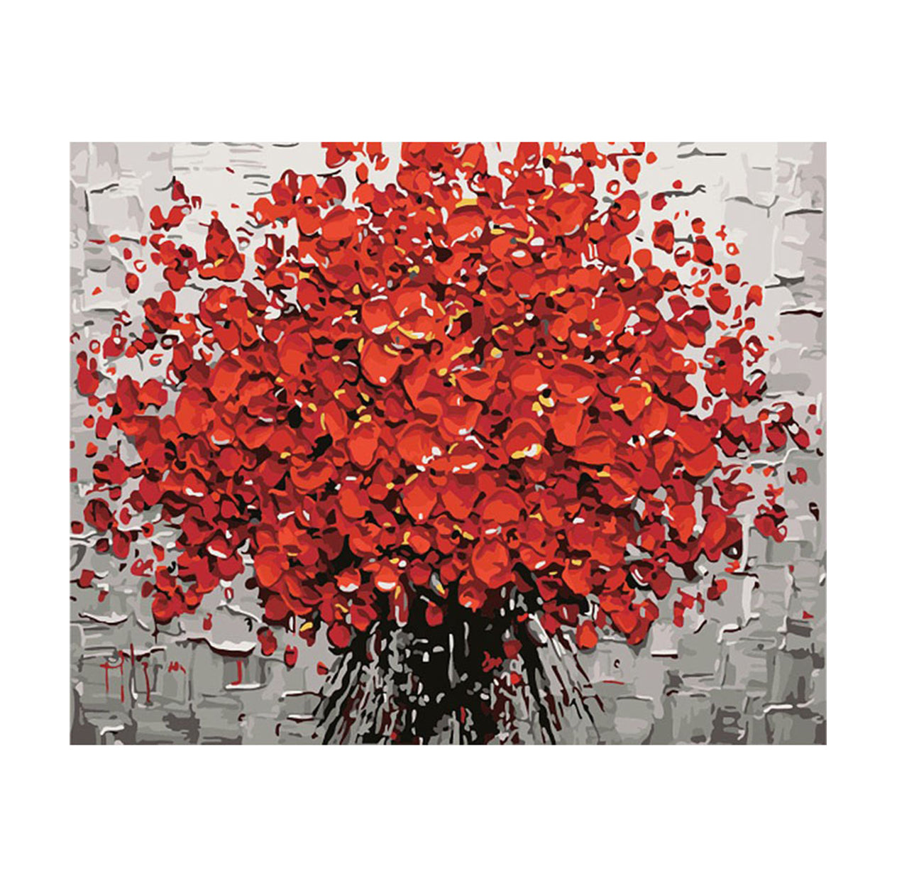 Prominent red floral design on a gray background