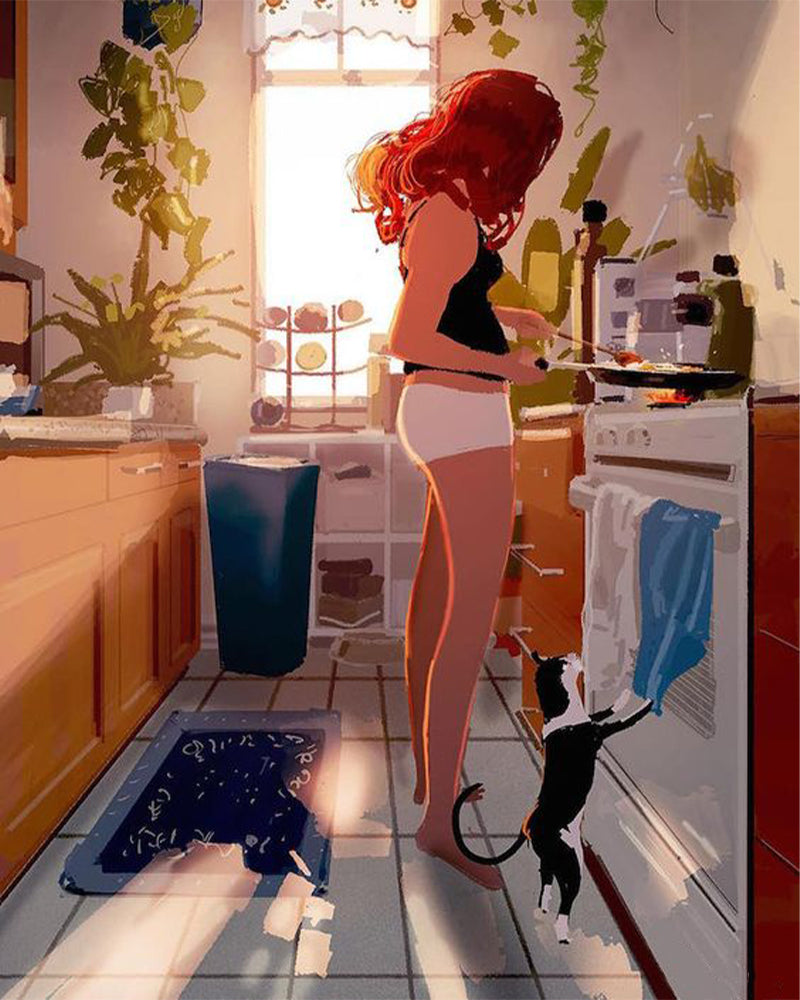 Sunlit Kitchen With Cat - 40x50 cm