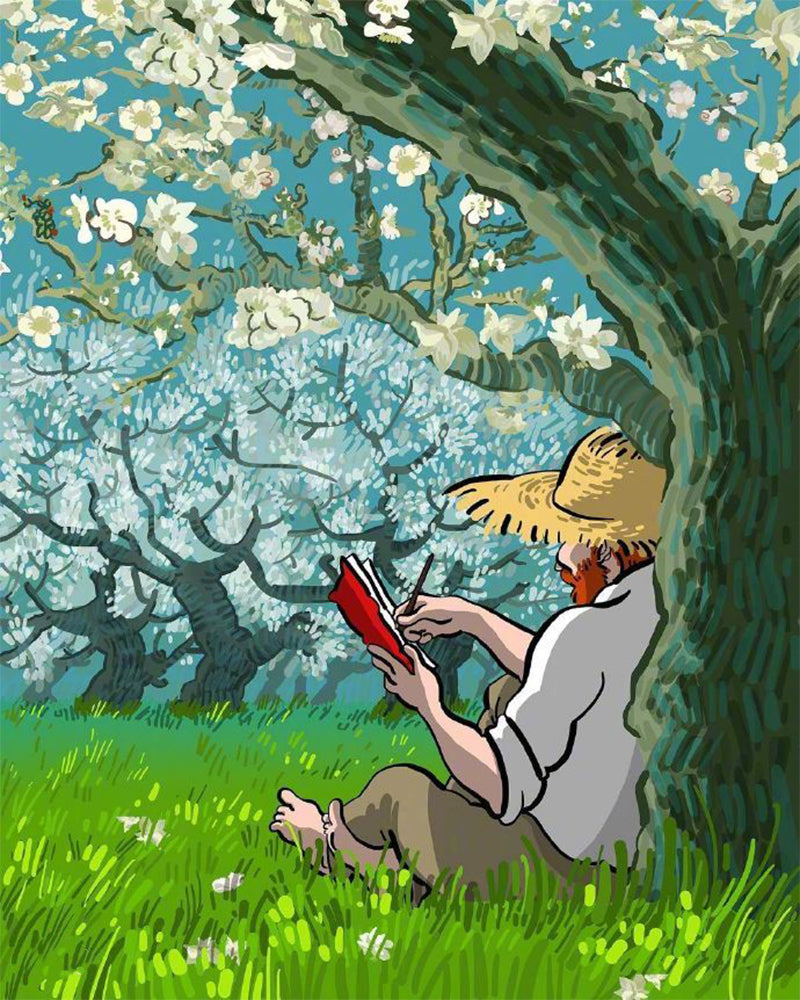 Artist Under Blossom Tree - 40x50 cm