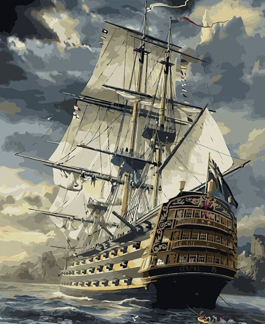 Painting of a large sailing ship on choppy waters with a cloudy sky.