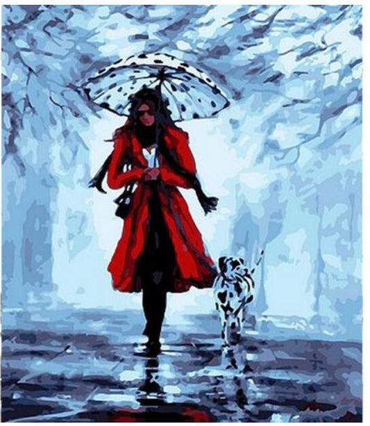 Lady in Red Winter Walk - 40x50 cm
