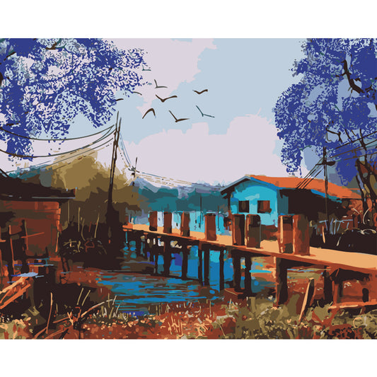 Blue Riverside Village - 40x50 cm paint by numbers kit