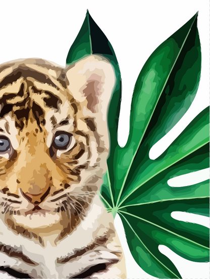 Illustration of a tiger cub with large green leaves on a white background