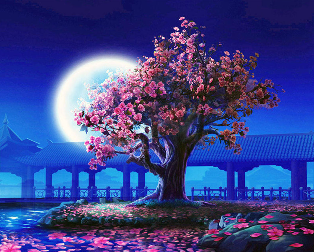 Framed artwork of a cherry blossom tree under a full moon with a traditional building in the background.