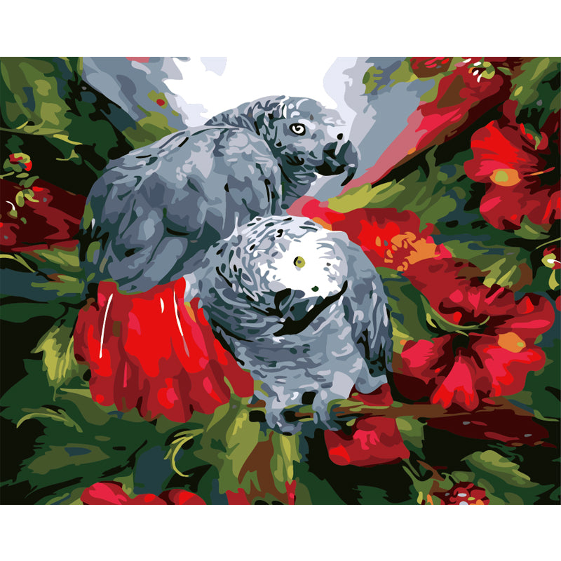African Grey Parrots and Red Flowers - 40x50 cm paint by numbers kit