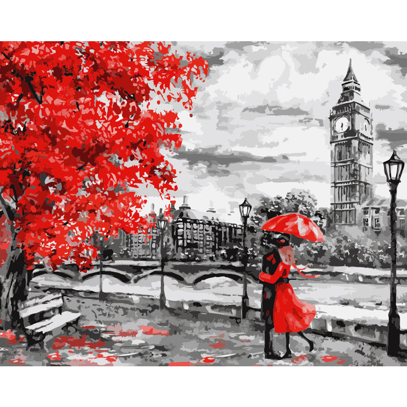 Red Umbrella by the Clock Tower - 40x50 cm paint by numbers kit