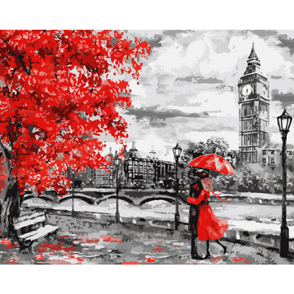 Red Umbrella by the Clock Tower - 40x50 cm paint by numbers kit